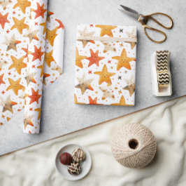 明るい笑顔の赤と黄色の星の子ども ラッピングペーパー