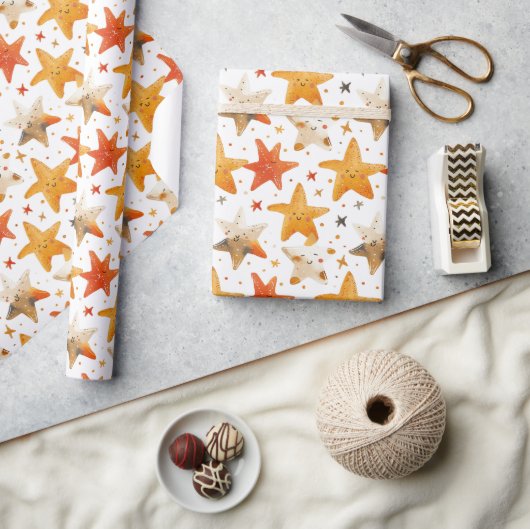 明るい笑顔の赤と黄色の星の子ども ラッピングペーパー (クラフト)