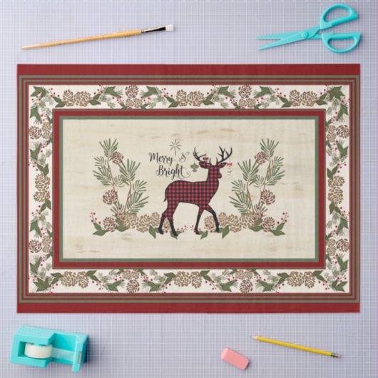 明るい素朴バッファローメリープレイドのクリスマスディアー 薄葉紙 (クラフト)