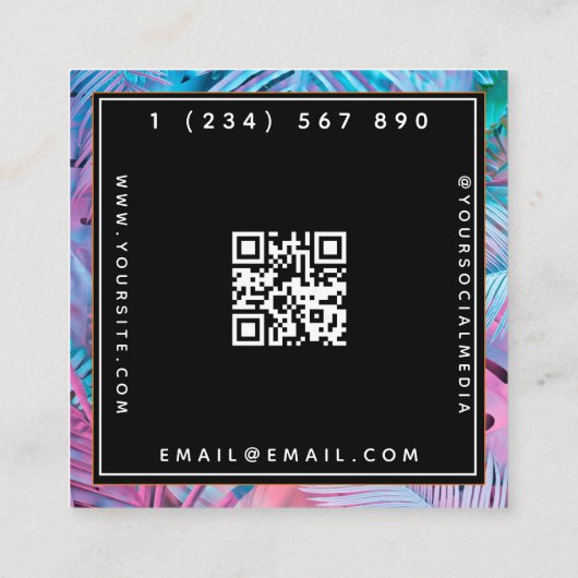 明るい紫とピンクのネオングラデーションモダンQRコード スクエア名刺 (裏面)