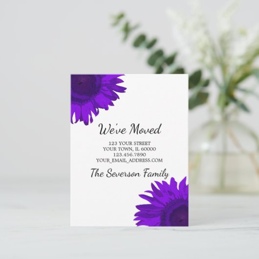 明るい紫のひまわりアドレスの変更 案内状 (スタンド正面)