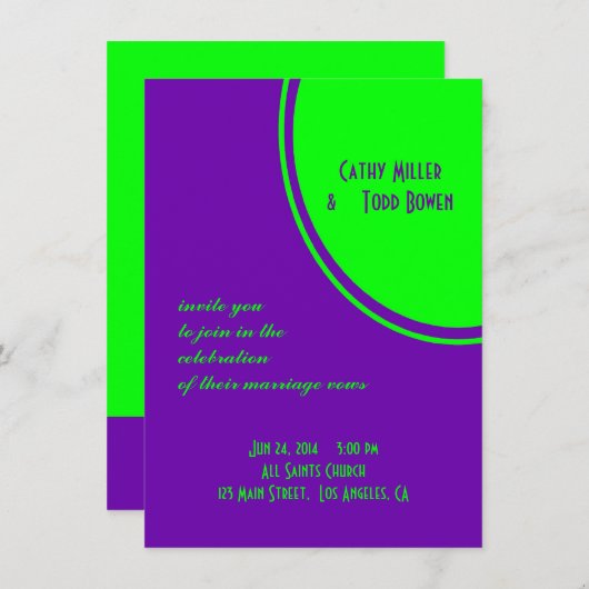 明るい紫の緑モダンの結婚円 招待状 (正面/裏面)