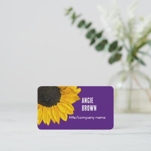 明るい紫はっきりした色と黄色のひまわり写真 名刺 (スタンド正面)