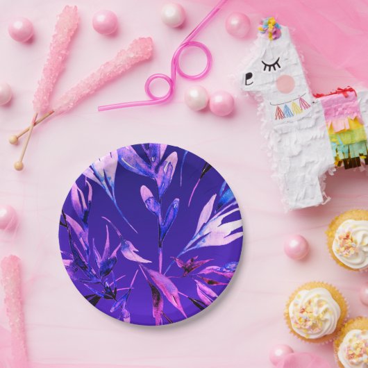 明るい紫はっきりした色の水彩植物釉 ペーパープレート (パーティー)