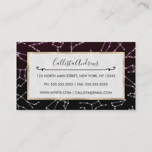 明るい紫色の白い〔占星術の〕十二宮図星団 名刺 (裏面)