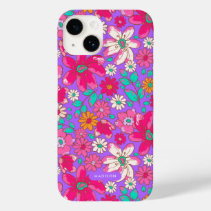 明るい紫、ホットピンクのフローラ パーソナライズされた Case-Mate iPhone 14ケース