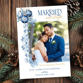 明るい結婚したブルーの新婚クリスマスの写真 シーズンカード