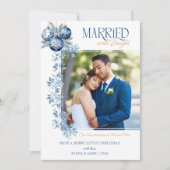 明るい結婚したブルーの新婚クリスマスの写真 シーズンカード (正面)