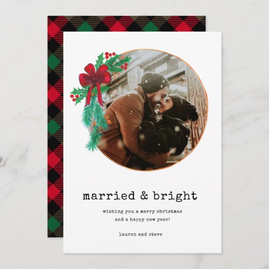 明るい結婚した写真新婚カップルのクリスマス シーズンカード (正面/裏面)