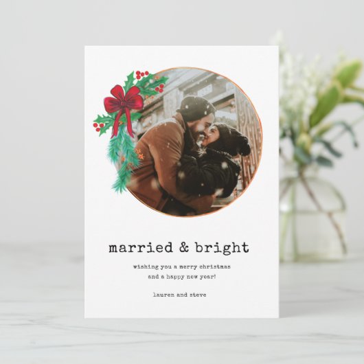 明るい結婚した写真新婚カップルのクリスマス シーズンカード (スタンド正面)