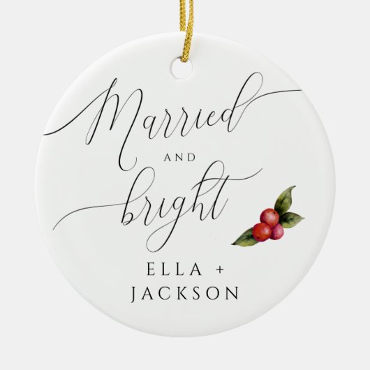 明るい結婚した初めてのクリスマスの写真 セラミックオーナメント (正面)