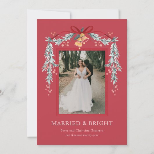 明るい結婚した新婚のクリスマスフォトカード シーズンカード (正面)