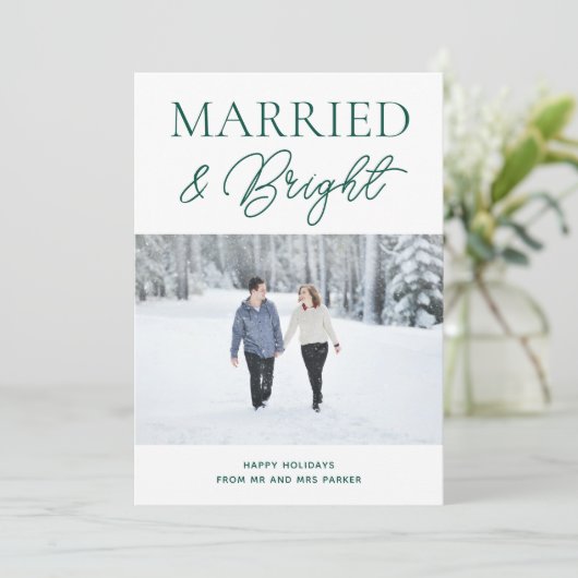 明るい結婚した緑のスクリプモダント写真クリスマス シーズンカード (スタンド正面)