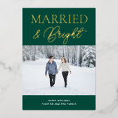 明るい結婚した緑の金ゴールドスクリプト写真クリスマス 箔シーズンカード (正面)