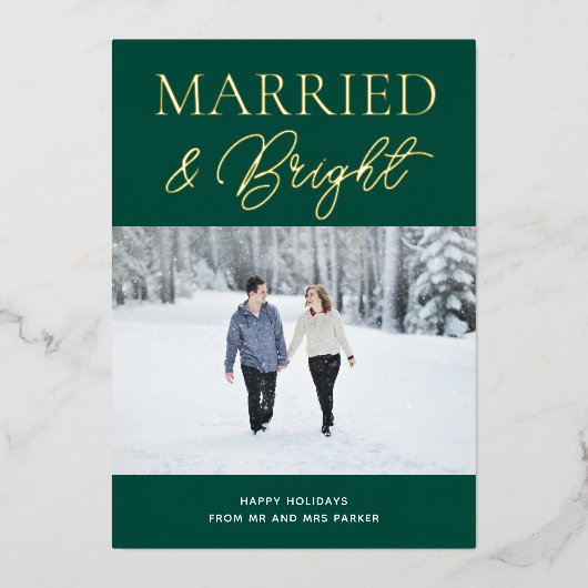 明るい結婚した緑の金ゴールドスクリプト写真クリスマス 箔シーズンカード (正面)