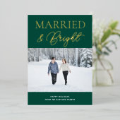 明るい結婚した緑の金ゴールドスクリプト写真クリスマス 箔シーズンカード (立ち正面)