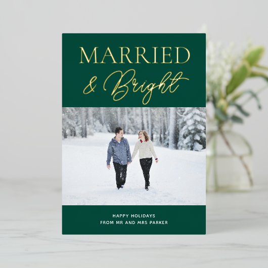 明るい結婚した緑の金ゴールドスクリプト写真クリスマス 箔シーズンカード (立ち正面)