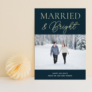 明るい結婚した青の金ゴールドスクリプト写真クリスマス 箔シーズンカード
