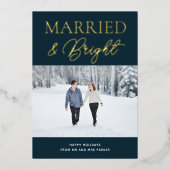 明るい結婚した青の金ゴールドスクリプト写真クリスマス 箔シーズンカード (正面)