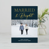 明るい結婚した青の金ゴールドスクリプト写真クリスマス 箔シーズンカード (立ち正面)