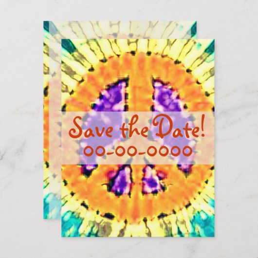明るい絞り染めのピースサインの招待状 セーブザデート (正面/裏面)
