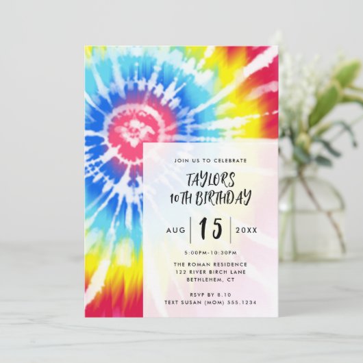 明るい絞り染め、任意の年齢のモダン誕生日 招待状 (スタンド正面)