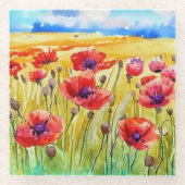 明るい緋色のケシの水色の畑 ガラスコースター (正面)