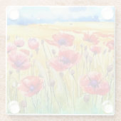 明るい緋色のケシの水色の畑 ガラスコースター (裏面)