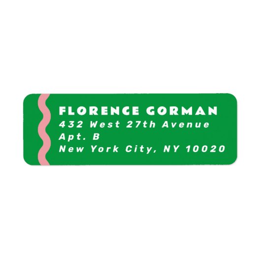 明るい緑とピンクの波状フレーム差出人住所 ラベル (正面)