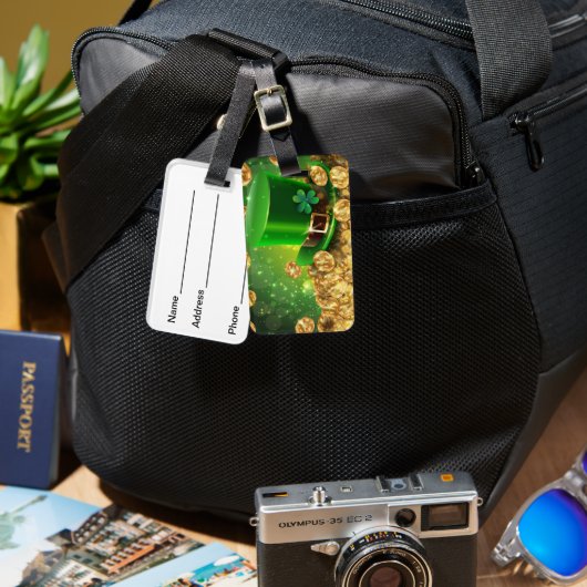 明るい緑のアイリッシュトップハットと金ゴールドコイン ラゲッジタグ (正面&裏面)