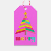 明るい緑のカラフルな縞模様のクリスマスツリー ギフトタグ (正面)
