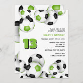 明るい緑のサッカーボール子供の誕生日 招待状 (正面/裏面)