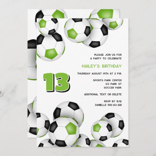 明るい緑のサッカーボール子供の誕生日 招待状 (正面/裏面)