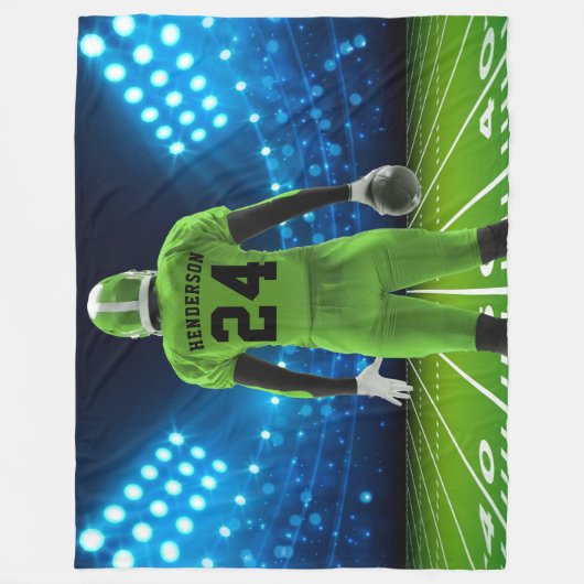 明るい緑のジャージーパーソナライズされたサッカー選手 フリースブランケット (正面)