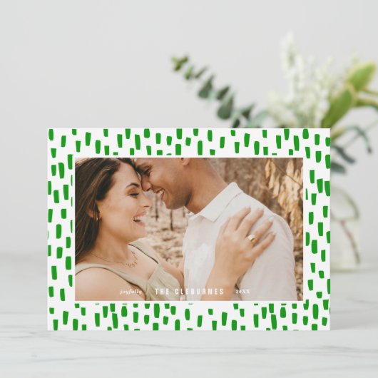 明るい緑のダッシュフォトフレームホリデーカード シーズンカード (スタンド正面)