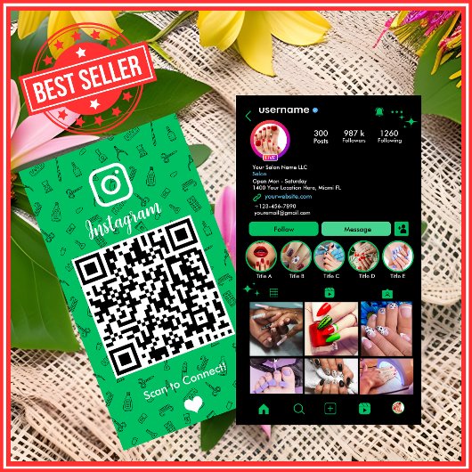 明るい緑のネイルサロンInstagramQR 名刺
