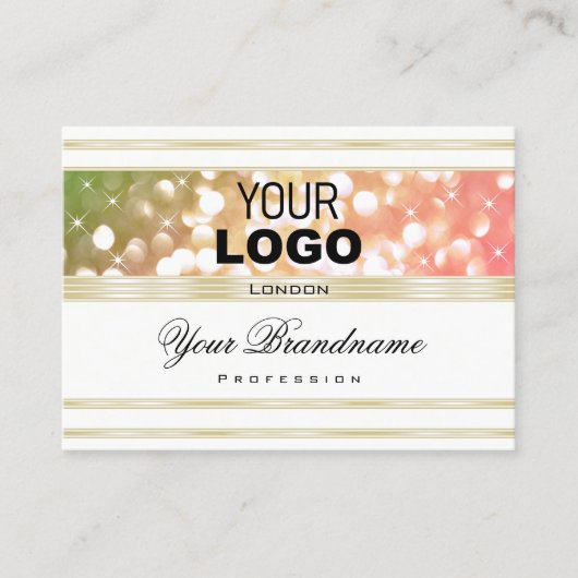 明るい緑のピンクのグリッター白と金ゴールドのロゴ 名刺 (正面)