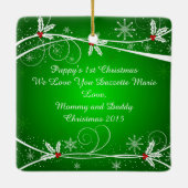 明るい緑のホリ赤と白ーのペット写真 セラミックオーナメント (裏面)