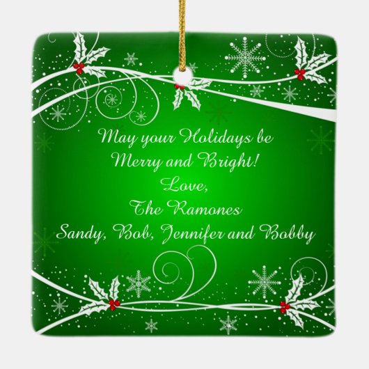 明るい緑のホリ赤と白ーの渦巻き華美旋回 セラミックオーナメント (裏面)