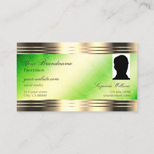 明るい緑の大理石の金ゴールド縁どモノグラム写真 名刺 (裏面)