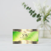 明るい緑の大理石の金ゴールド縁どモノグラム写真 名刺 (スタンド正面)