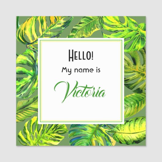 明るい緑の水の色のパーム葉の大きな正方形 名札 (正面)