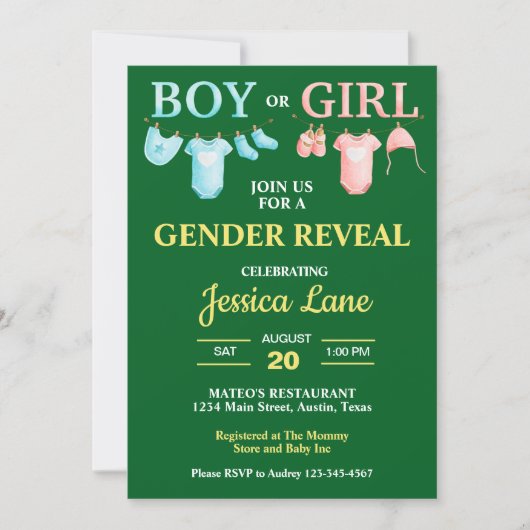 明るい緑の男の子または女の子のジェンダーが赤ちゃんのシャワーを明らかにする 招待状 (正面)
