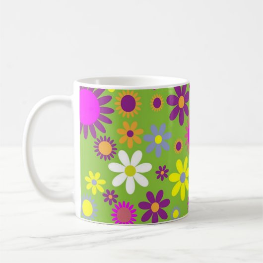 明るい緑の花のパワーパターン コーヒーマグカップ (左)