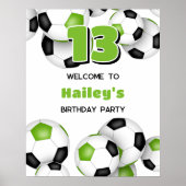 明るい緑の黒いサッカーボール誕生日パーティー ポスター (正面)