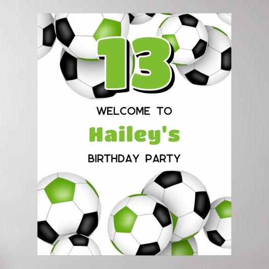 明るい緑の黒いサッカーボール誕生日パーティー ポスター (正面)