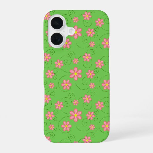 明るい緑地にピンクのデイジーとは虫類のトレイル模様 iPhone 16ケース (裏面)