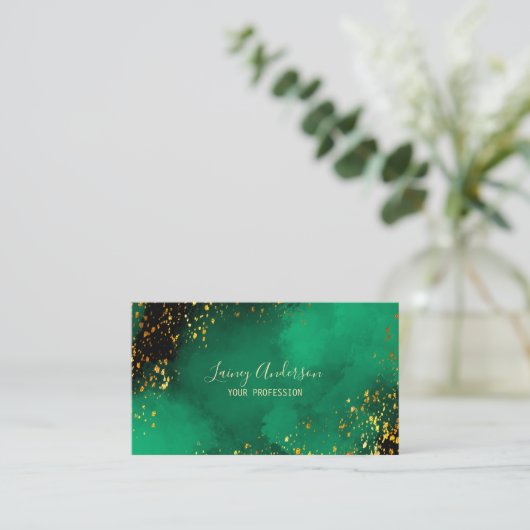 明るい緑色のブラックとフェイク金ゴールドフォイルグリッター 名刺 (スタンド正面)