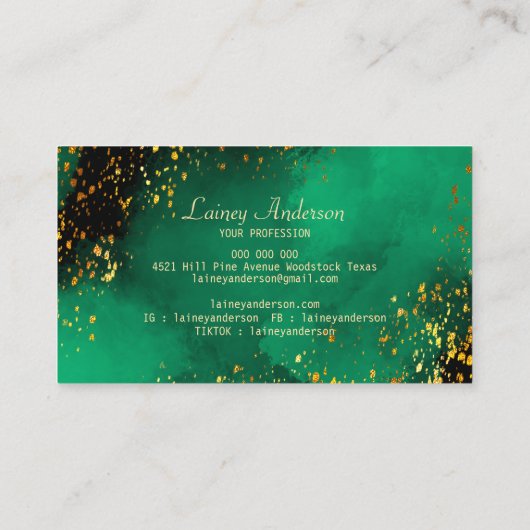 明るい緑色のブラックとフェイク金ゴールドフォイルグリッター 名刺 (裏面)