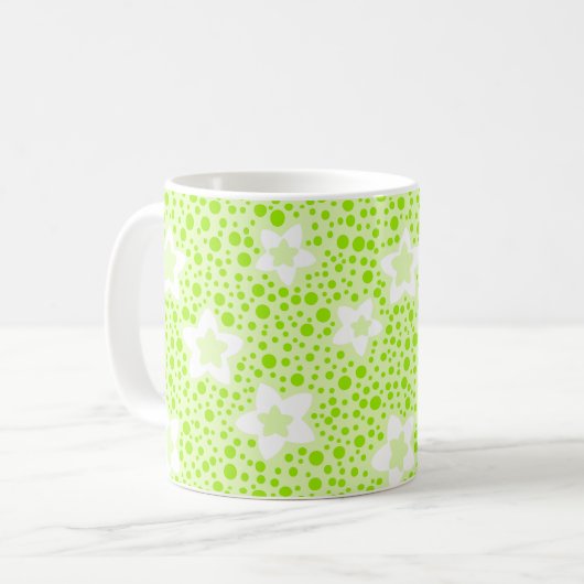 明るい緑色のレトロな水玉と花柄 コーヒーマグカップ (正面左)